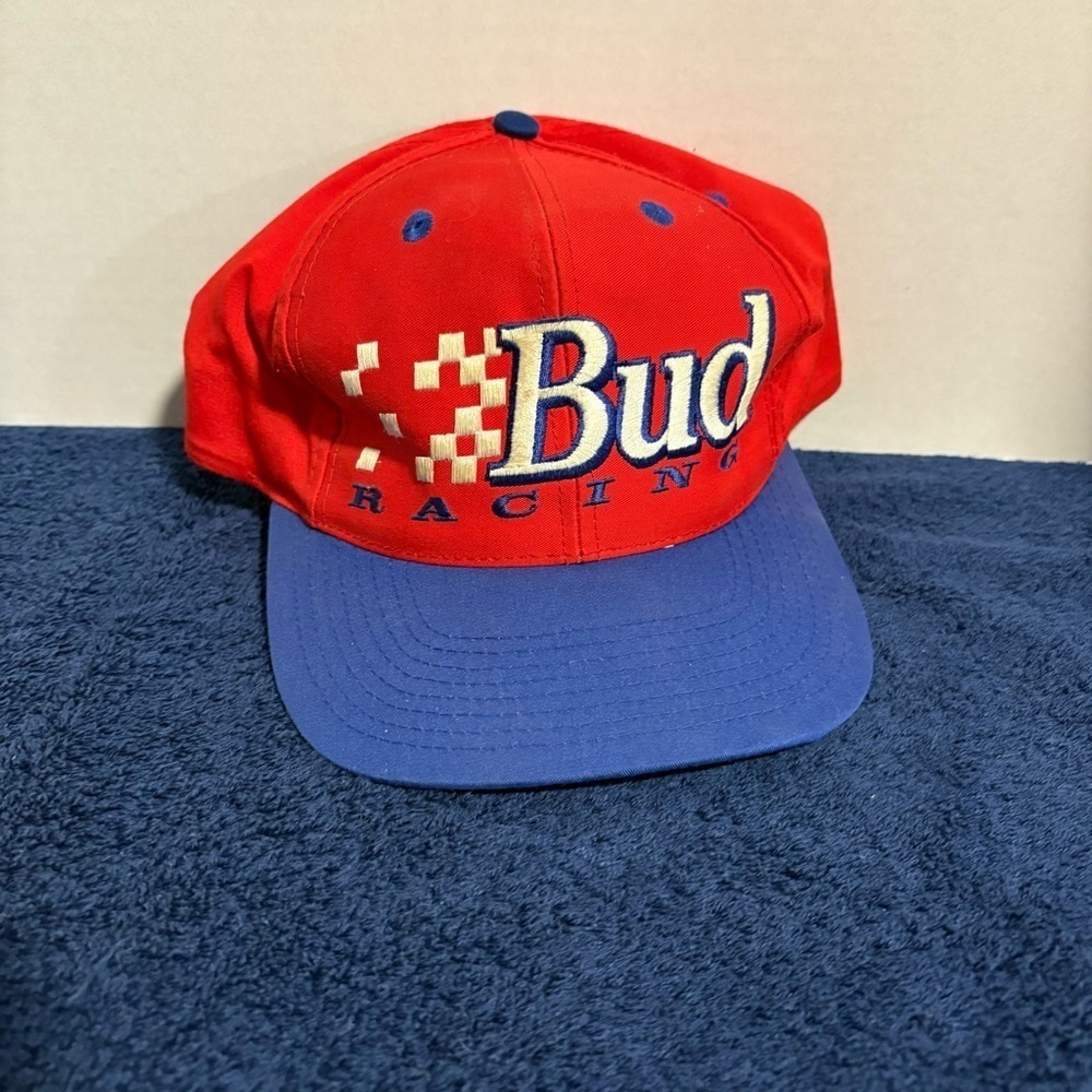 Vtg 1995 Bud Racing Baseball Hat Cap Budweiser Red White Blue One Size Snapback